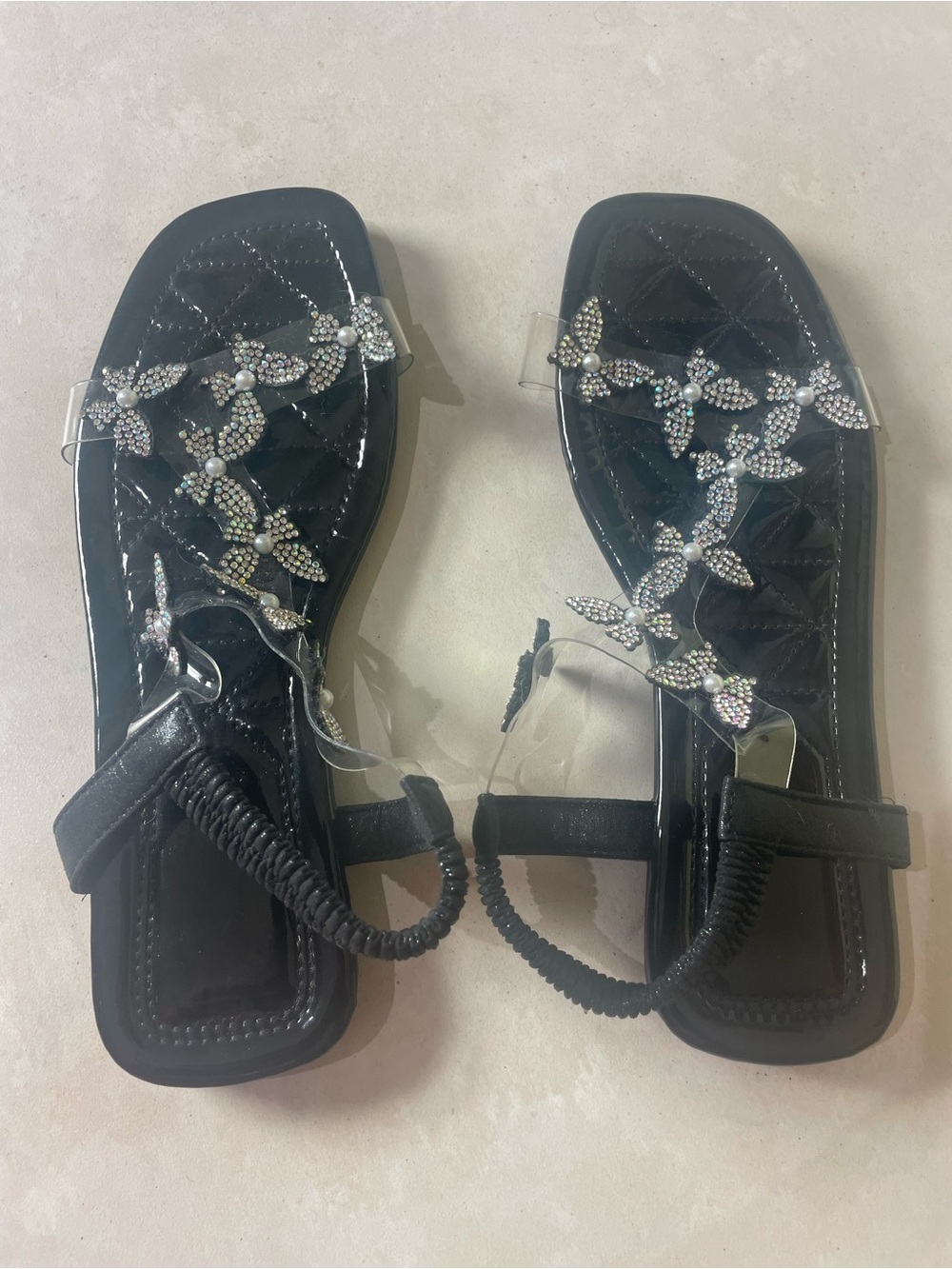 YBXDR Women's Black/Clear Strappy Slip-On Sandals Rhinestone Butterfly Size 8.5